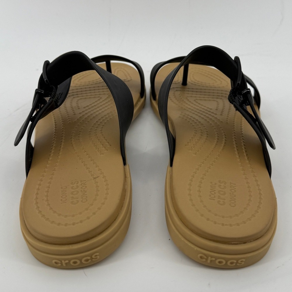 Crocs Tulum Toe Post Toe Sandal Black Tan Women 8 Strappy Slip On Flip Flop - Picture 5 of 9